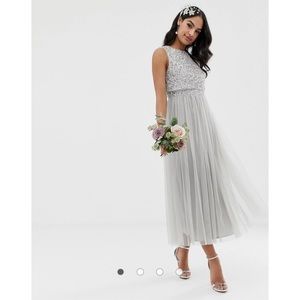 ASOS gray/silver tulle sequin Maya midaxi bridesmaid dress
